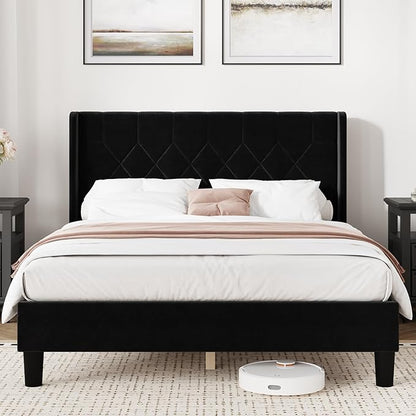 Novilla Queen Size Bed Frame, Queen Bed Frame with Headboard, Velvet Upholstered Pull-Point Wing Side Headboard, No Box Spring Needed, Heavy Duty Feet, Easy Assembly, Black Velvet