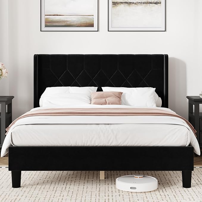 Novilla Full Size Bed Frame, Full Bed Frame with Headboard, Velvet Upholstered Pull-Point Wing Side Headboard, No Box Spring Needed, Heavy Duty Feet, Easy Assembly, Black Velvet