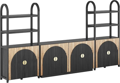 BELLEZE 4-Piece Modular Arched TV Stand Entertainment Center Set, Mid Century Modern 2 Piece 72″ Tall Storage Cabinets and 2 Piece 65″ Fluted TV Console for Living Room (Camel)