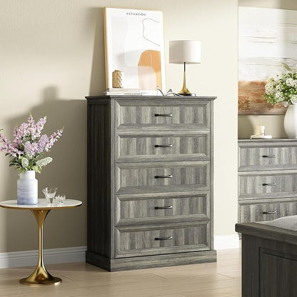 CARPETNAL Farmhouse Dresser and Nightstand Sets for Bedroom, 4 Pcs Bedroom Set, 5 Drawer & 9 Drawer Dresser and Nightstand Set of 2, Wood Chest of Drawers for Living Room, Entryway, Grey