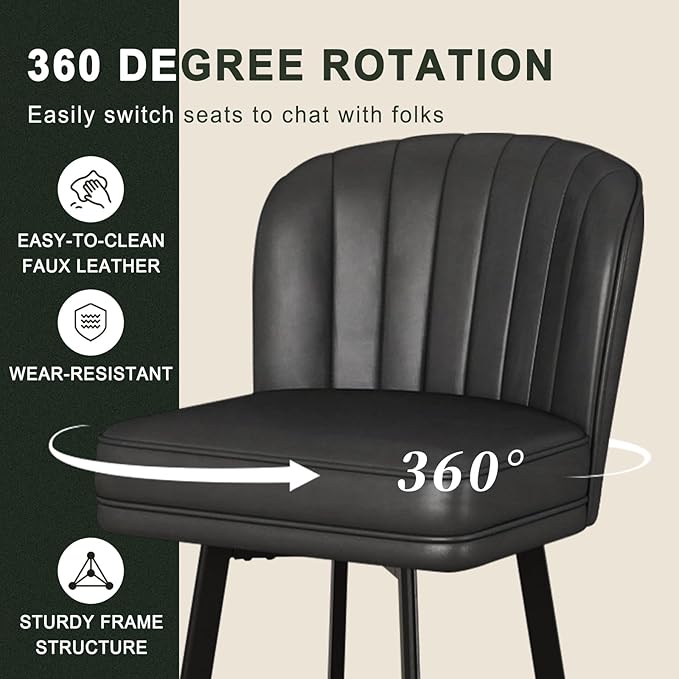 Swivel Counter Height Bar Stools Set of 6, 26'' Modern Barstools with Backs and Metal Legs, Upholstered Bar Chairs, Faux Leather Black Stools for Kitchen Island Chairs