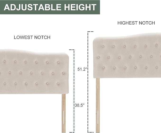 Upholstered Full Headboard, Button Diamond Tufted Headboard with Adjustable Height and Solid Wood Leg, Linen Fabric Padded Headboards for Full Size Bed, Mordern Head Board, Beige