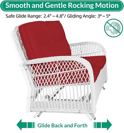 VIVIJASON 4-Piece Outdoor Patio White Wicker Conversation Sets, All Weather Outdoor Rattan Furniture Set Includes Glider Loveseat, Coffee Table, 2 Rocking Chairs with Cushions for Backyard, Red