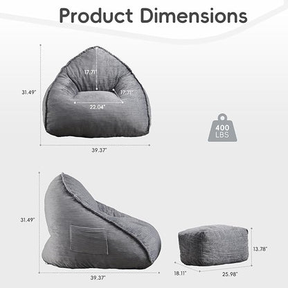 Cloud Bean Bag Chair with Ottoman for Adults, Comfy Corduroy Chaise Lounge Chair with High-Resilience Foam, Oversized Boneless Reading Chair for Bedroom & Living Room