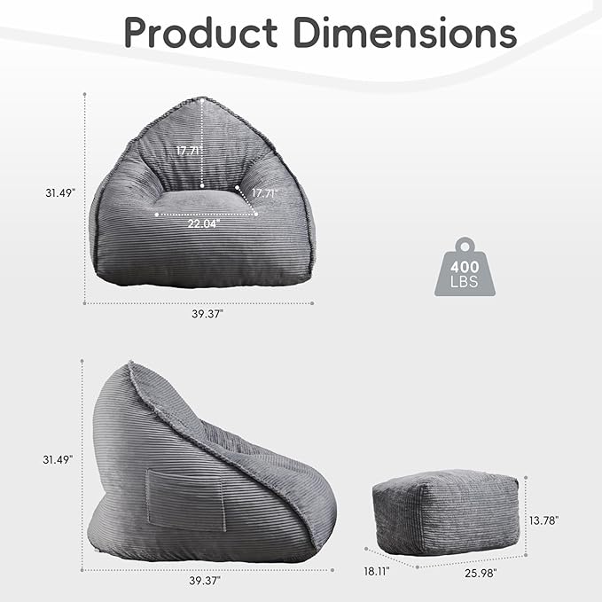Cloud Bean Bag Chair with Ottoman for Adults, Comfy Corduroy Chaise Lounge Chair with High-Resilience Foam, Oversized Boneless Reading Chair for Bedroom & Living Room (Grey)