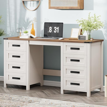 Vabches Farmhouse 60.6” Executive Desk with 7 Drawers, Computer Desk with File Drawer for Hanging Files A4, Workstation for Home Office, Study.Unique White