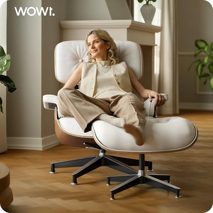 Top White Grain Leather, Mid Century Chaise Lounge Chair and Ottoman, Modern Chair Classic Design, Walnut Wood, Heavy Duty Base Support for Living Room Office