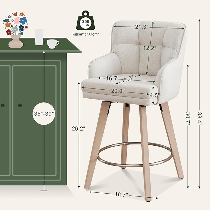 360°Swivel Counter Height Bar Stools with Back, 26 inch Solid Wood Legs, Bar Stool Modern Kitchen Island Chairs, Fabric (Beige- Fabric, 26" H- Set of 4)