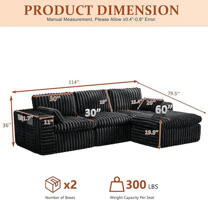 114" Cloud Boneless Sectional Couches for Living Room, Modular Sectional Sofa with Cup Holder, Cozy Fluffy L Shaped Deep Seat Couch with Storage Pocket, No Assembly Required, Dark Black