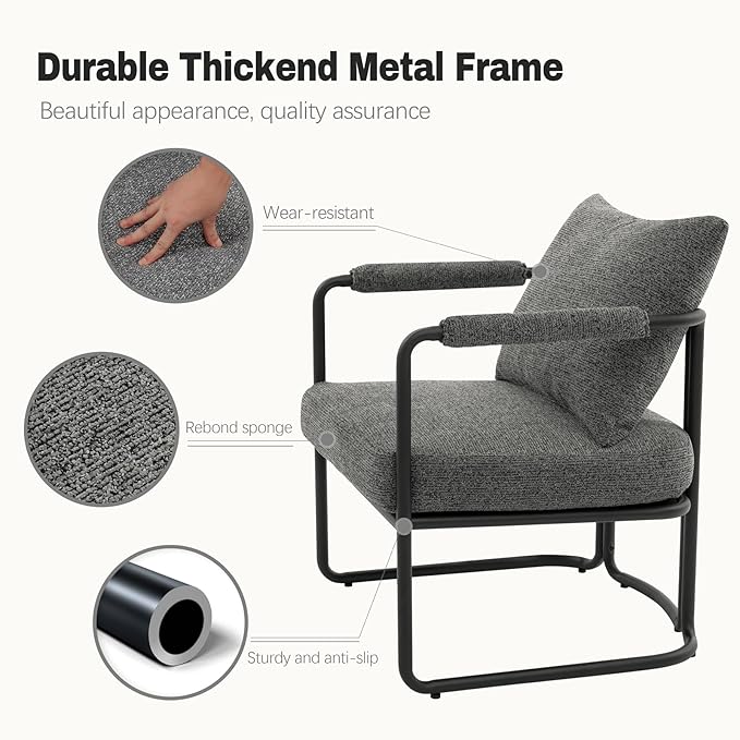 Single Accent Chair for Living Room, Mid Century Modern Upholstered Reading Armchair for Bedroom, Office, with Comfy Chenille Cushion & Metal Frame, Dark Grey
