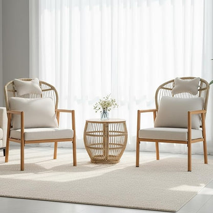 Modern Living Room Chairs, Accent Chairs Set of 2 with Coffee Table, Comfy Arm Chair with Cushions, Rattan Reading Lounge Chair with Metal Frame, Armchair for Bedrooom/Indoor/Outdoor, Beige
