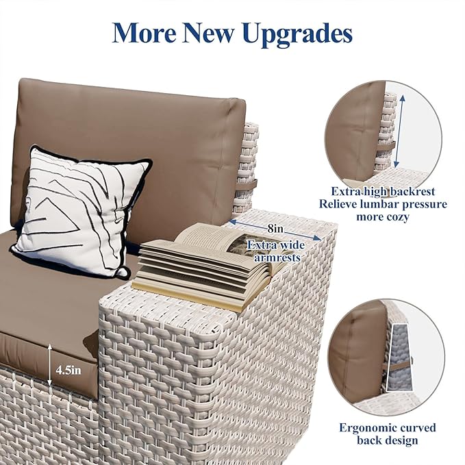 12-Piece Patio Furniture Set, Outdoor Extra Wide Armrest Modular Patio Sofa, Dual-Strand Rattan Wicker, Rust-Resistant Frame, Backyard High Back, Large Seat Furniture for Porch Garden Balcony, Khaki