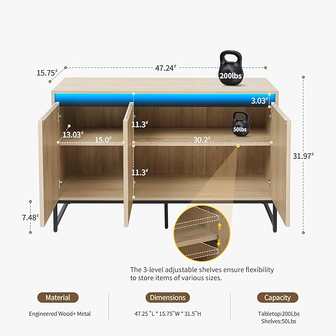 Fluted Sideboard Buffet Cabinet with Storage Wood Storage Cabinet with Doors and Adjustable Shelves LED Light, Modern Credenza for Kitchen, Dining Room, Living Room, Entryway (59" Oak, 1)