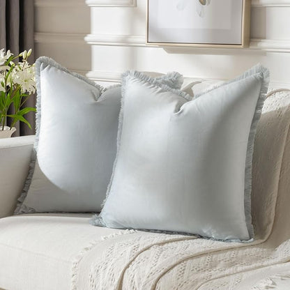 FUTEI Light Blue Velvet Decorative Throw Pillow Covers 22x22 Set of 2,Soft Cozy Edge with Tassels Cushion Case,Boho Modern Home Decor for Couch Bed Living Room