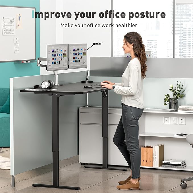 One-Piece Electric Standing Desk, 48 x 24 Inch Adjustable Height Sit to Stand Up Desk for Home Office, Work & Study, Black Frame & Black Desktop (2 Packages)