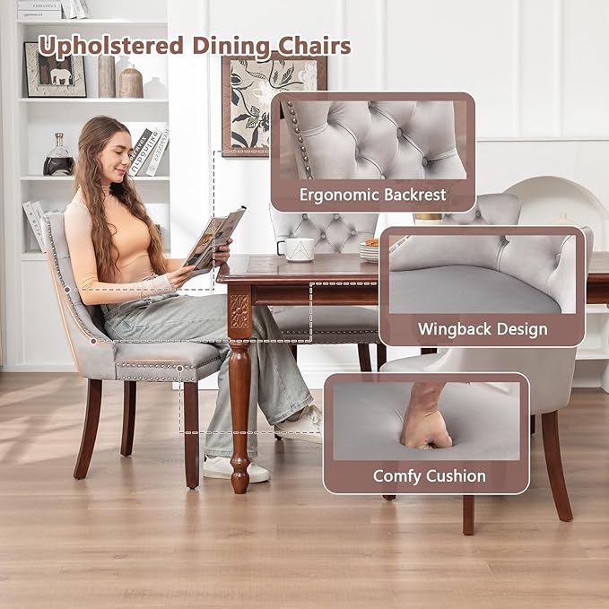 Velvet Dining Chairs Set of 4, Upholstered Dining Room Chairs with Nailhead Ring Pull, Button Tufted Wing Back Chairs for Dining with Solid Wood Legs for Kitchen Dining Room(Light Grey)
