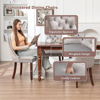 Velvet Dining Chairs Set of 6, Tufted Dining Room Chairs with Nailhead Ring Pull Trim, Upholstered Dining Chairs with Solid Wood Legs for Kitchen Dining Room (Light Grey)