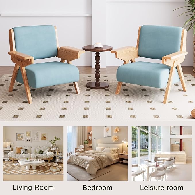 Mid Century Modern Accent Chair Set of 2, Fabric Upholstered Lounge Arm Chairs with Solid Wood Frame for Living Room, Bedroom, Office, Reading Corner (Blue)