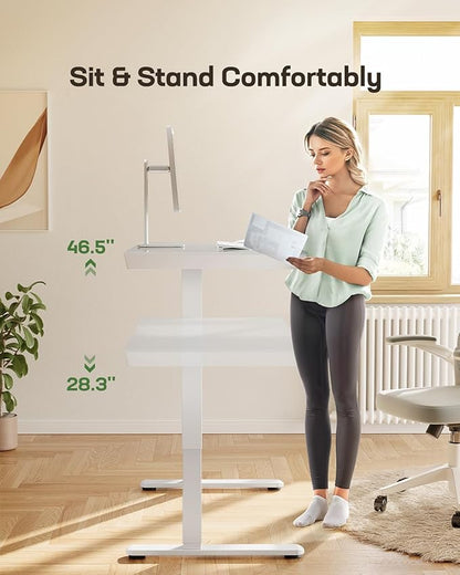 Marsail Glass Standing Desk with Drawer,55 x 28 inch Electric Standing Desk, Sit Stand Desk with One-Piece Tabletop & USB Charging Ports, Height Adjustable Desk with Storage for Home & Office White