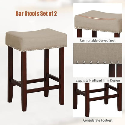 COSTWAY Counter Height Bar Stools Set of 2, 25-inch Backless Saddle Stools with Nailhead Trim, Rubber Wood Frame, Footrest, Max Load 330 Lbs, Upholstered Barstools for Kitchen Island Pub, Beige
