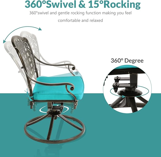 MEETWARM 9-Piece Outdoor Patio Dining Set, All-Weather Cast Aluminum Patio Conversation Set with 8 Cushioned Swivel Rocker Chairs for Backyard Garden Deck, 1 Oval Table, 2" Umbrella Hole, Ocean Blue