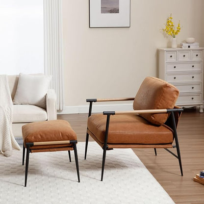 LukeAlon Mid-Century PU Leather Accent Chairs with Ottoman Set of 2, Soft Living Room Chairs with Metal Legs Modern Upholstered Armchairs Lounge Chair with Footstool for Bedroom Reading Room, Brown