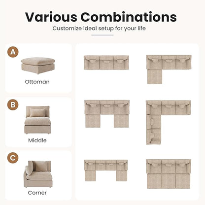 Cloud Modular Sectional Sofa with Ottoman,154" Sectional Sofa Bed Sleeper Couch for Living Room,Convertible Couch Deep Seat for Office Apartment,Covers Washable&Replaceable,Khaki