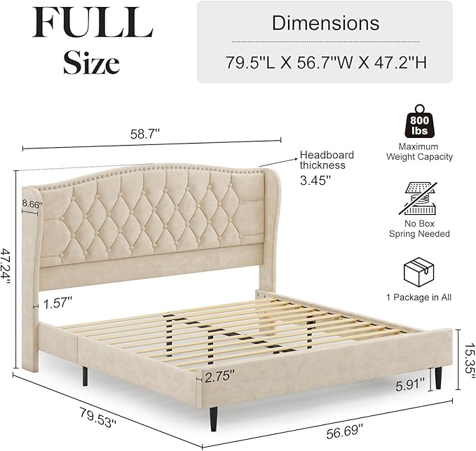 Belffin Full Size Bed Frame with Headboard, Upholstered Velvet Luxury Bed Frame with Wingback, Anti-Slide Tall Footboard, Button Tufted & Nailhead Trim, Noise-Free, No Box Spring Needed, Beige