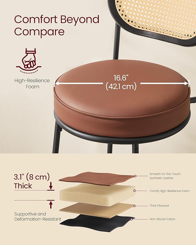 VASAGLE Bar Stools Set of 2, Bar Height Stools with Rattan Back and Metal Legs, 30.1-Inch Tall Counter Chairs, Modern Leather Upholstered Barstools for Kitchen Island Dining Room, Caramel Brown