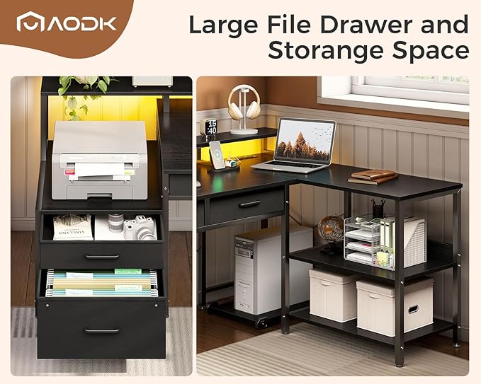 AODK L Shaped Desk with 5 File Drawers, 75" Reversible L Shaped Computer Desk with Power Outlet & LED Strip, Office Desk with Storage Shelves, Gaming Table with Monitor Shelf, Corner Table, Black