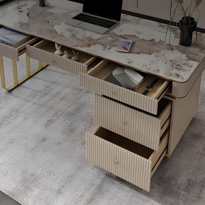 RUNNUP Stone top Computer Desk with 5 Drawers, Rectangular Home Computer Desk Writing Desk, Modern Executive Desk, Without Chairs, Khaki, 55" L x 23.5" W x 29.5" H