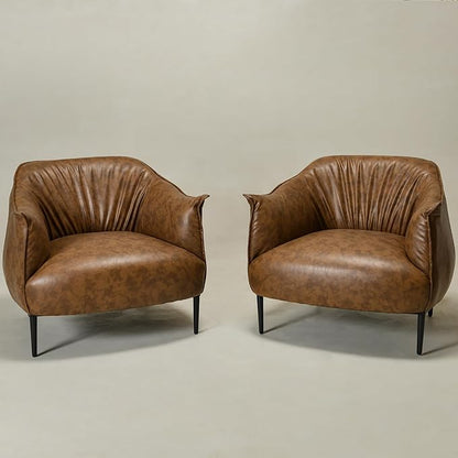 KINWELL 33" W Faux Leather Barrel Chairs Set of 2 with Hand-Tufted Pleated Back Flared Arms, Modern PU Upholstered Accent Chairs with Metal Legs, Large Armchairs Lounge Chairs for Living Room, Coffee