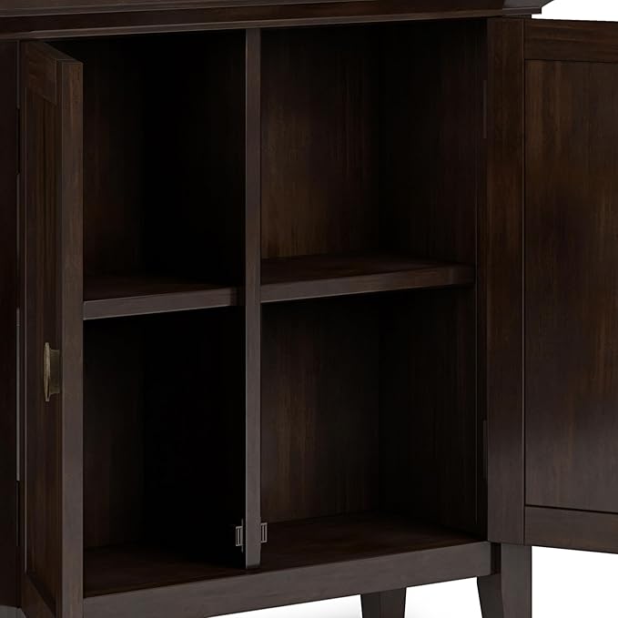 SIMPLIHOME Redmond SOLID WOOD 32 inch Wide Transitional Low Storage Cabinet in Brunette Brown for the Living Room, Entryway and Family Room