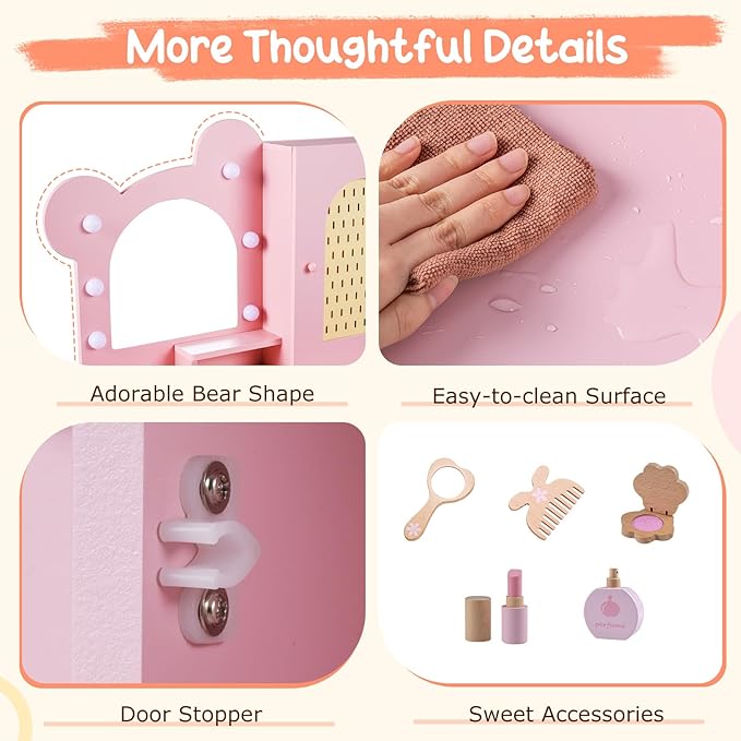 Costzon Kids Vanity with Lights, Girls Vanity Set with Mirror, Storage Drawers, Cabinet & Shelves, Toddler Makeup Vanity Desk Dressing Table, Wooden Kids Vanity Table and Chair Set (Pink)