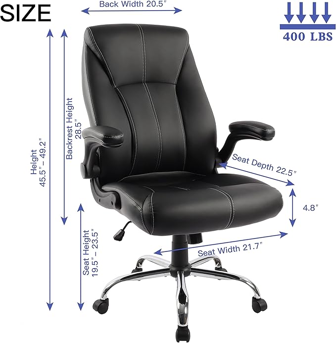 Big and Tall Office Chair for Heavy People, Executive Desk Computer Chair Adjustable Flip-up Armrests, PU Leather Swivel Task Chair with Ergonomic High Back and Lumbar Support