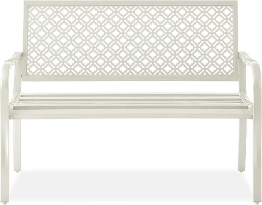 Best Choice Products Outdoor Bench 2-Person Metal Steel Benches Furniture for Garden, Patio, Porch, Entryway w/Geometric Backrest, 790lb Capacity - Ivory