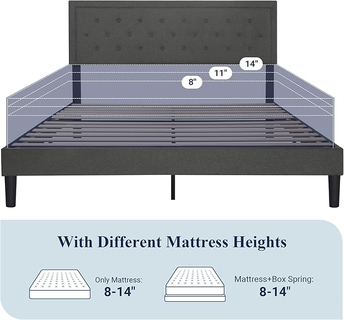 Allewie King Size Fabric Upholstered Bed Frame with Diamond Button Tufted/Adjustable Headboard/Wood Slat Support/Mattress Foundation/Dark Grey