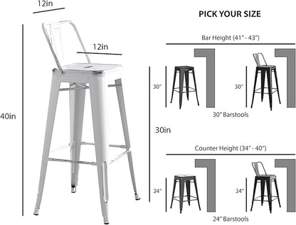 AC Pacific 30” Metal Barstool Set of 2 – Country Rustic Style with Low Back, Lightweight & Sturdy Build, Easy Assembly – Distressed White