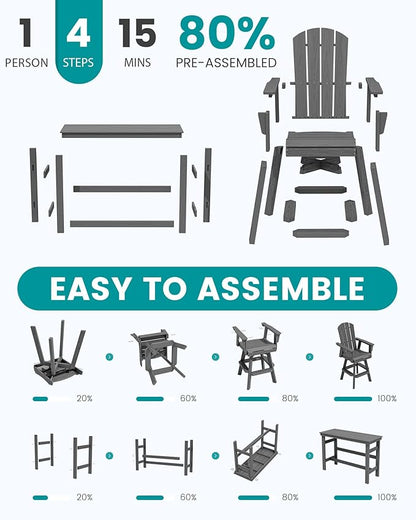 SERWALL 3-Piece Swivel Adirondack Bar Set, HDPE Swivel Bar Height Chairs Set of 2 with Bar Table, All-Weather Outdoor Barstools for Patio, Poolside, Garden, Grey