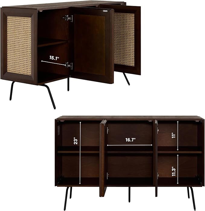 NTC MOSSIC Modern Sideboard with 3 Doors, Natural Rattan Storage Cabinet, Buffet with Metal Legs, Boho Accent Cabinet for Living Room, and Entryway, Effortless Assembly - Dark Walnut