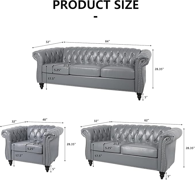 Faux Leather Sofa Couches Set, Modern Comfy Upholstered Couch with Cushions, Home Sofa Sectional Furniture Sets, 3-Piece Mid Century Tufted Chesterfield Couches for Living Room, Bedroom, Office