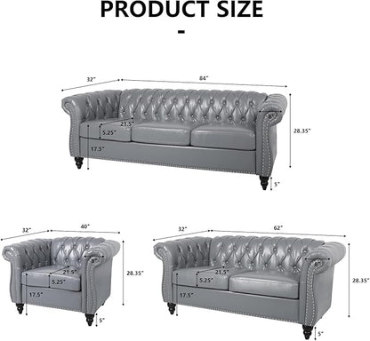 2 Piece Living Room Furniture Set, Faux Leather Loveseat and Chair Set, Mid Century Modern Upholstered Sofa Couch with Cushions, Vintage Comfy Tufted Chesterfield Couches for Bedroom, Office (Grey)