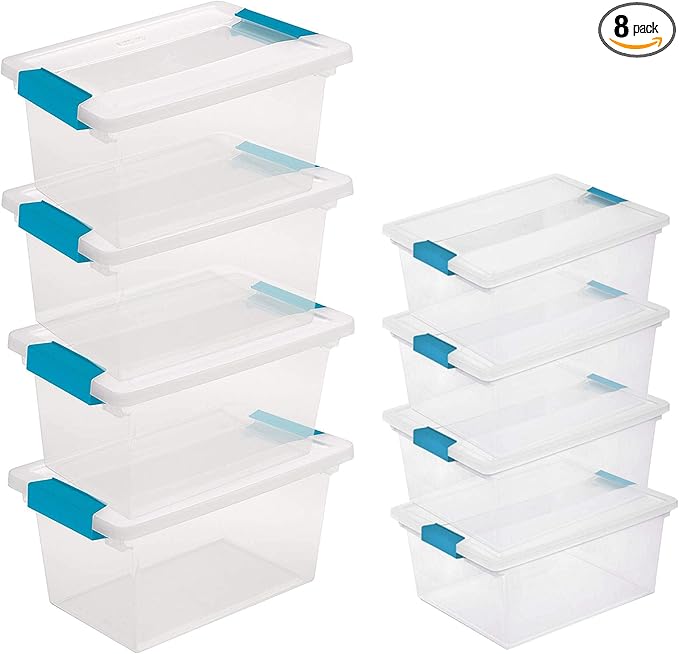 Sterilite Medium Clear Multipurpose Plastic Storage Tote, 4 Pack, and Large Clear Multipurpose Plastic Storage Tote, 4 Pack for Home Organization