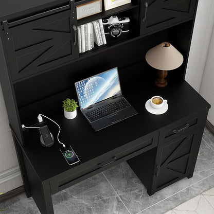 Vabches Farmhouse 47" Executive Desk, Computer Desk with 2 Drawers, Storage Cabinet and LED Light,Charging Hub, Home Office Desk with Hutch, Workstation for Home Office and Study(Pure Black