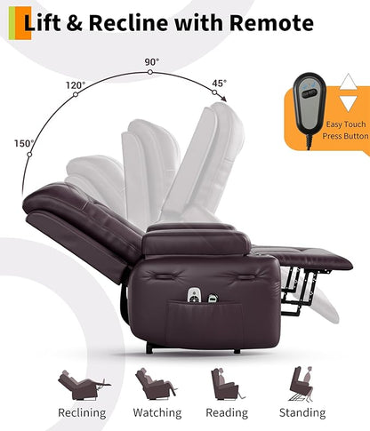 GarveeHome Oversized Electric Lift Recliner Chair - Heat and Massage, PU Leather Power Lift Recliner for Elderly & Mobility Impaired, Adjustable Back and Legs, Heavy Duty Lift Chair for Seniors
