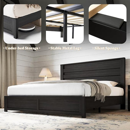 AMERLIFE Farmhouse King Size Bed Frame with 49" Fluted Headboard, Wood Platform Bed with Natural Grain, No Box Spring Needed/Noise Free, Black