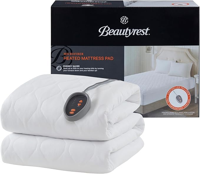 Beautyrest 3M Scotchgard Heated Mattress Pad - Electric Bed Warmer with 5 Heat Settings, 10 Hr Auto Shut Off Timer, All Around Elastic Deep Pocket, UL Certified, Machine Washable, White Twin