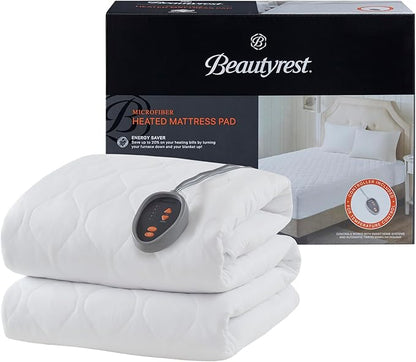 Beautyrest 3M Scotchgard Heated Mattress Pad - Electric Bed Warmer with 5 Heat Settings, 10 Hr Auto Shut Off Timer, All Around Elastic Deep Pocket, UL Certified, Machine Washable, White Full