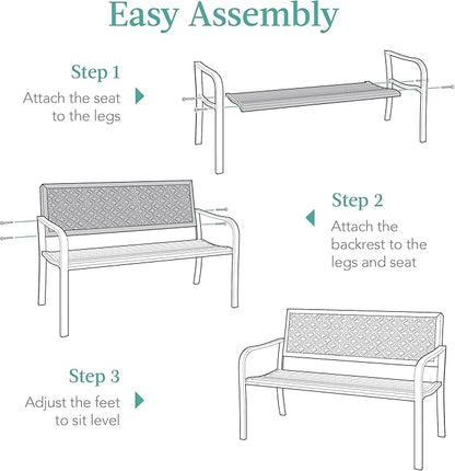 Best Choice Products Outdoor Bench 2-Person Metal Steel Benches Furniture for Garden, Patio, Porch, Entryway w/Geometric Backrest, 790lb Capacity - Peacock Blue