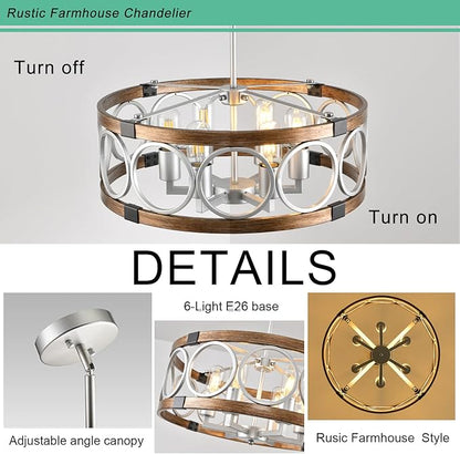 Semi Flush Mount Ceiling Light Fixture Ceiling Mount 6-Light Rustic Farmhouse Chandelier for Dining Room, Light Fixture Ceiling Round Metal Kitchen Light Fixtures Ceiling Mount